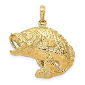 14k Yellow Gold Bass Fish Jumping Necklace Charm Pendant